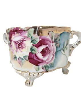 Antique Hand Painted Roses Porcelain Jardiniere Planter